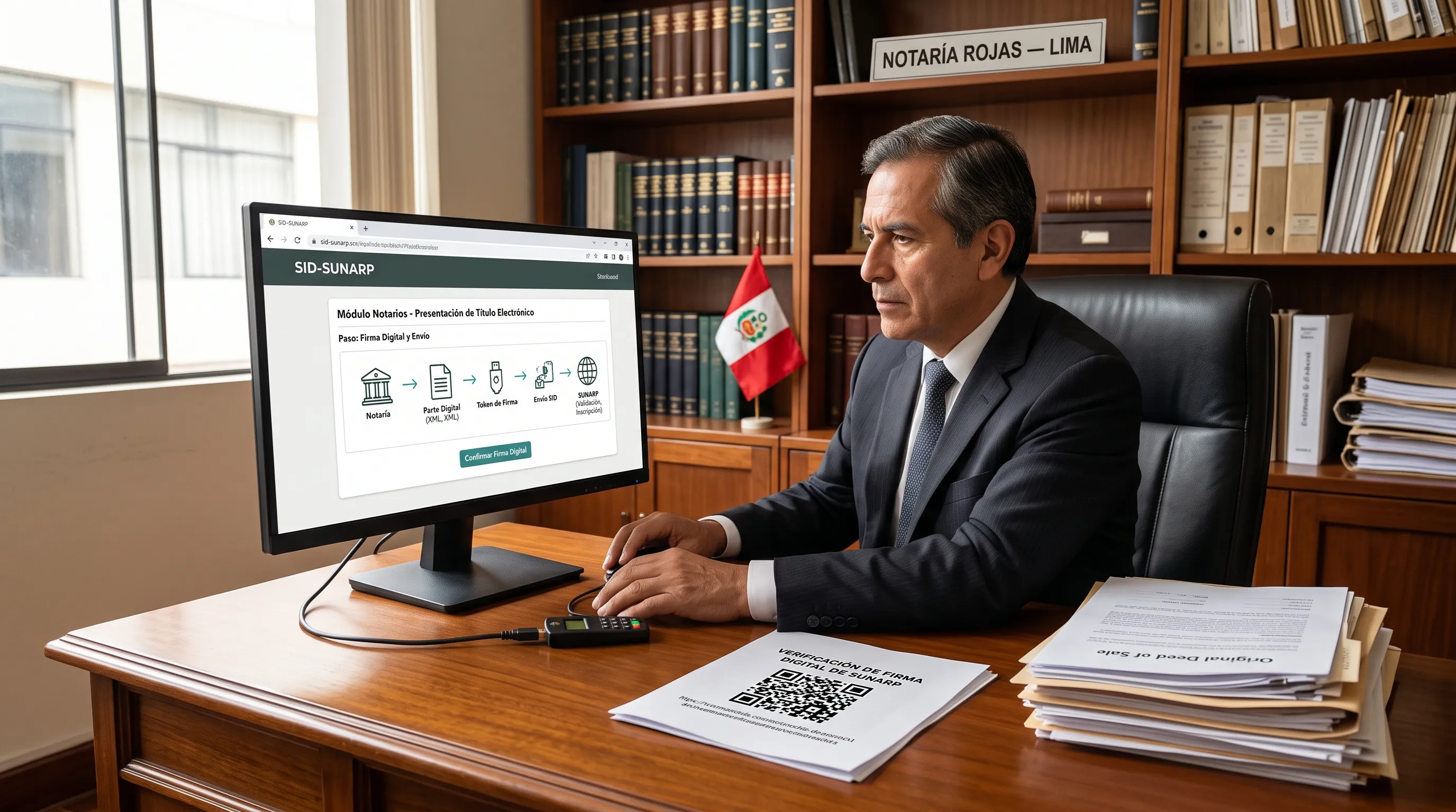 Notario presentando un parte notarial electrónico por el SID-SUNARP con firma digital